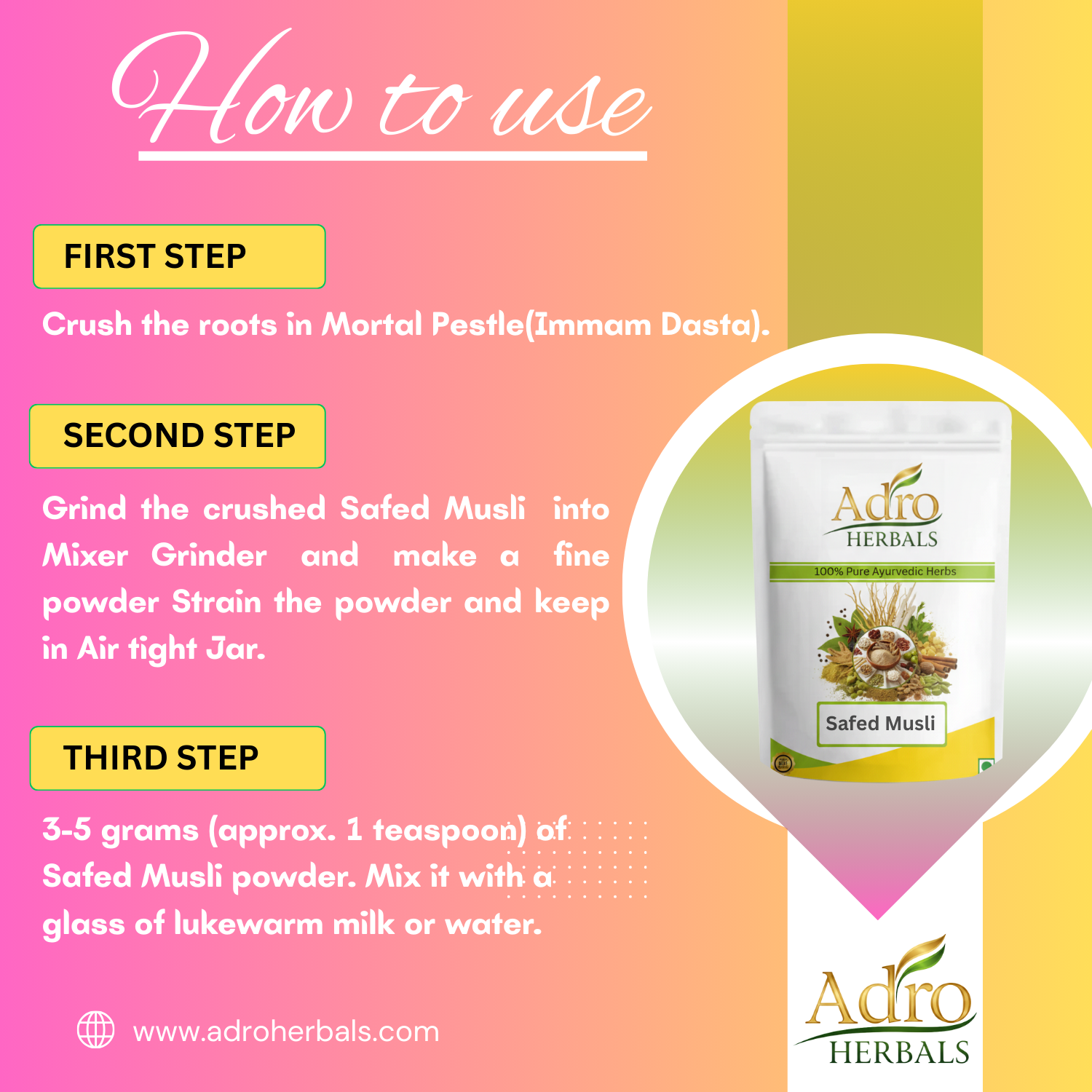 Safed Musli (Jadd) - White Musli (Roots) - Indian Viagra - Chlorophytum Borivilianum by Adro Herbals