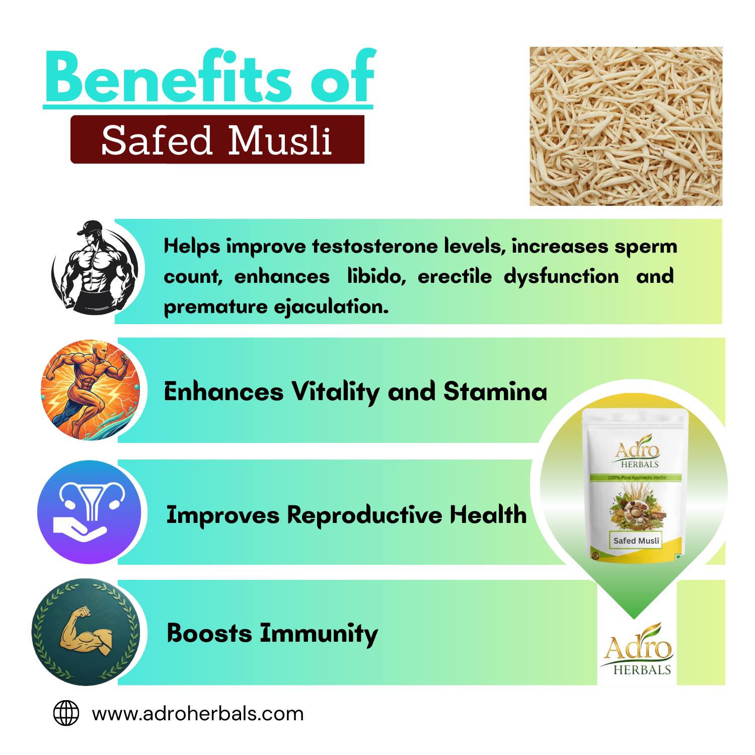 Safed Musli (Jadd) - White Musli (Roots) - Indian Viagra - Chlorophytum Borivilianum by Adro Herbals