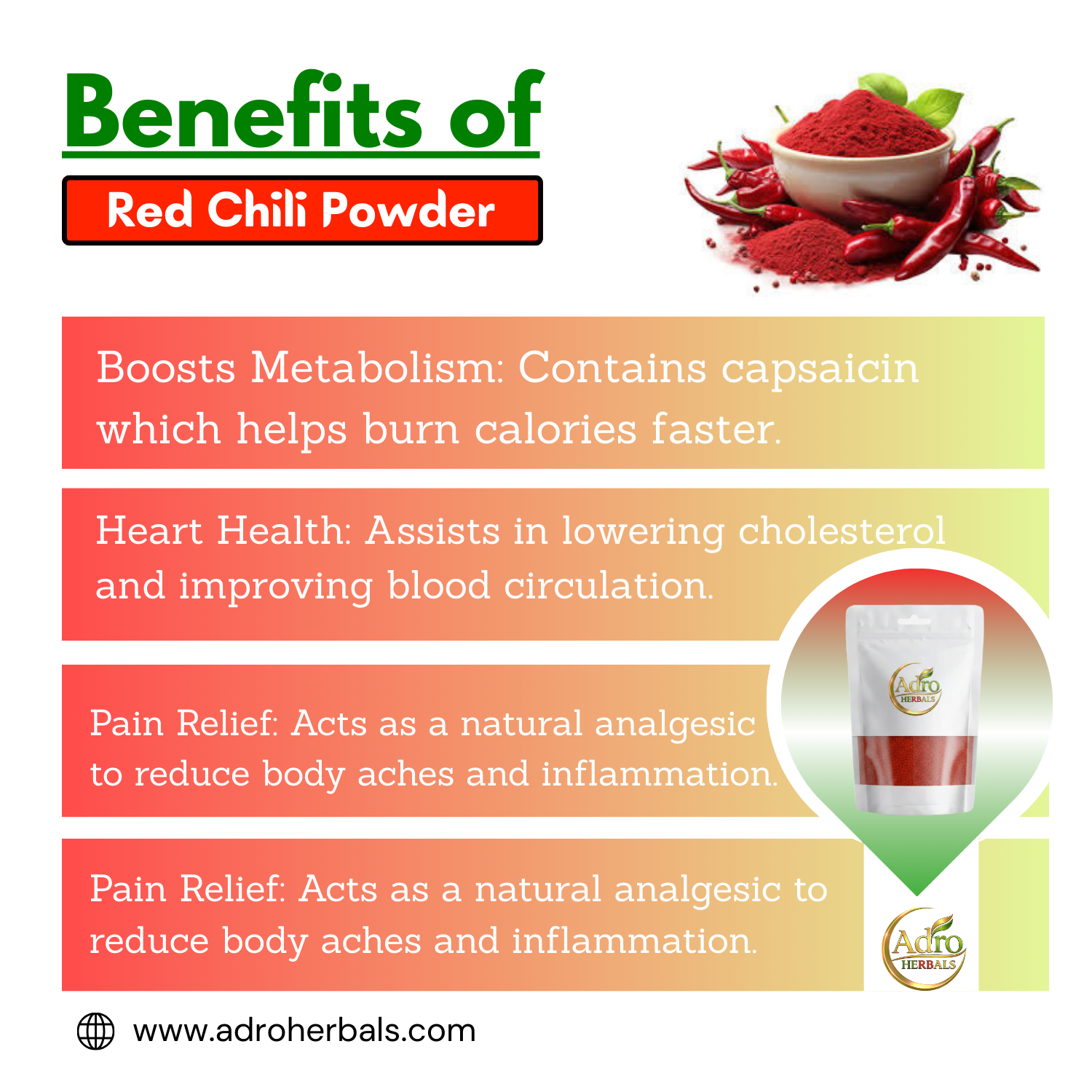 Adro Herbals Red Chilli Powder | Kashmiri Lal Mirch with Mild Heat | Fine-Ground, Flavourful Red Chilli Powder for Everyday Indian Cooking