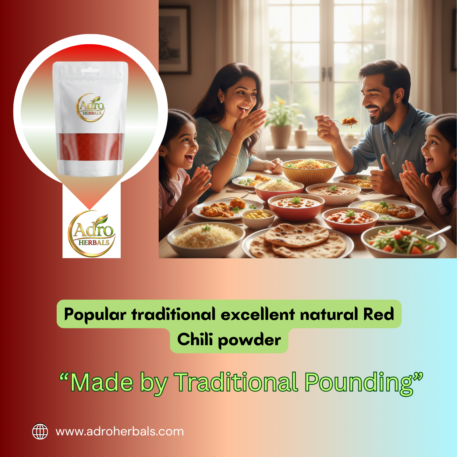 Adro Herbals Red Chilli Powder | Kashmiri Lal Mirch with Mild Heat | Fine-Ground, Flavourful Red Chilli Powder for Everyday Indian Cooking